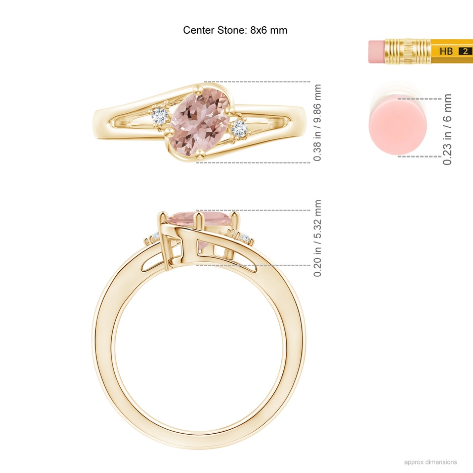 8x6mm AAA Morganite and Diamond Split Shank Ring in Yellow Gold ruler