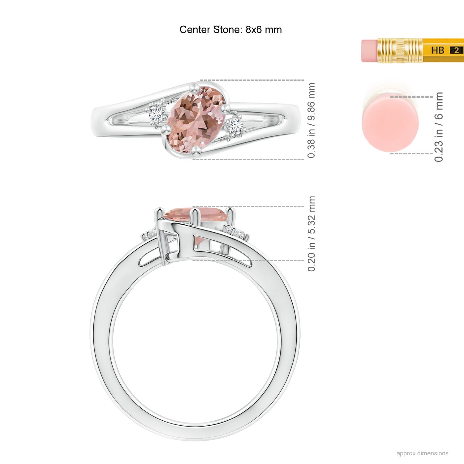 8x6mm AAAA Morganite and Diamond Split Shank Ring in White Gold - ruler