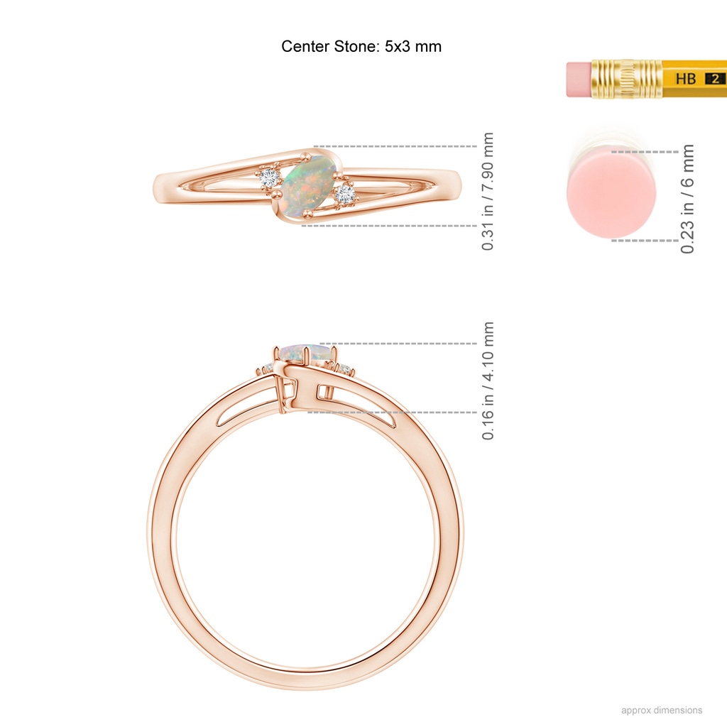 5x3mm AAAA Opal and Diamond Split Shank Ring in Rose Gold Ruler