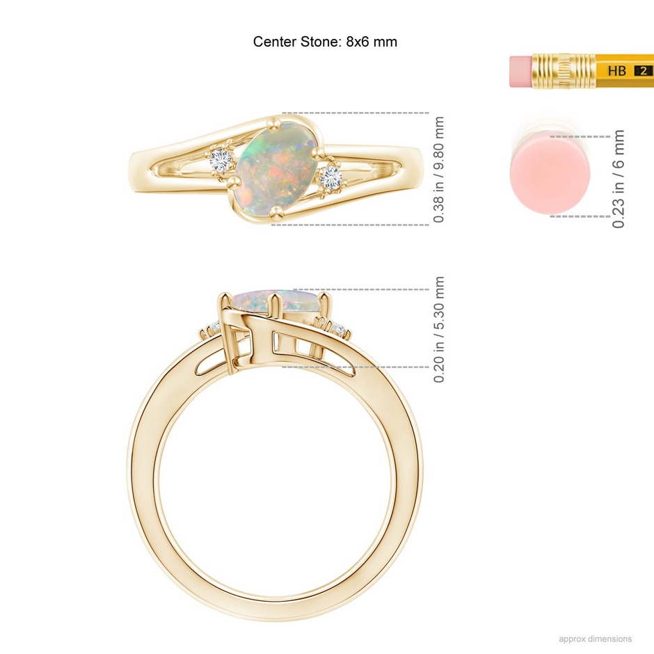 8x6mm AAAA Opal and Diamond Split Shank Ring in Yellow Gold ruler