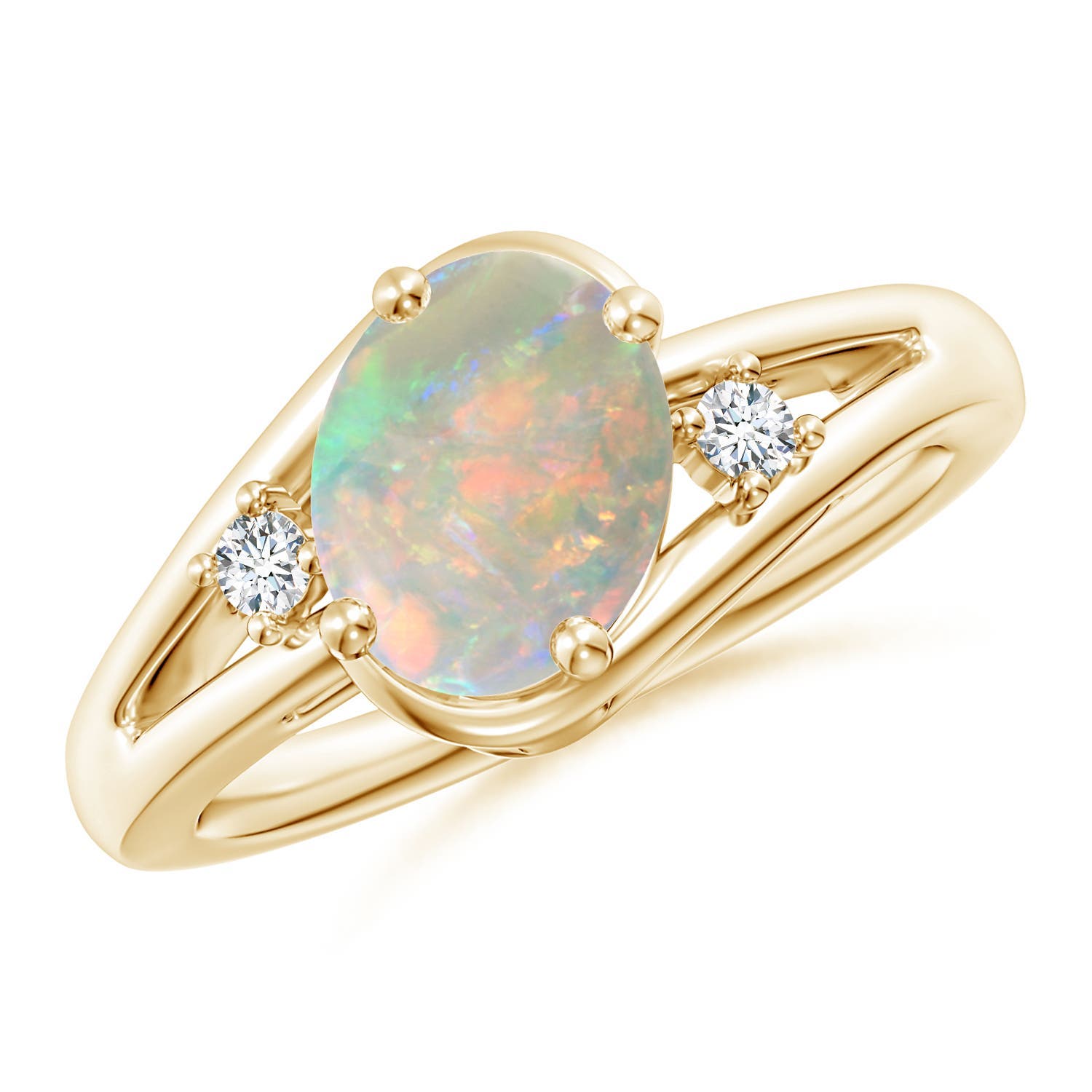 9x7mm AAAA Opal and Diamond Split Shank Ring in 18K Yellow Gold