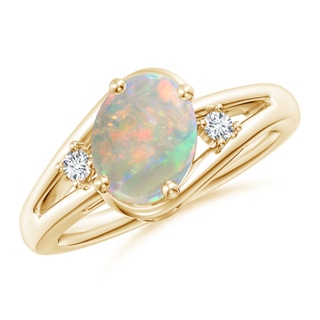 9x7mm AAAA Opal and Diamond Split Shank Ring in 9K Yellow Gold