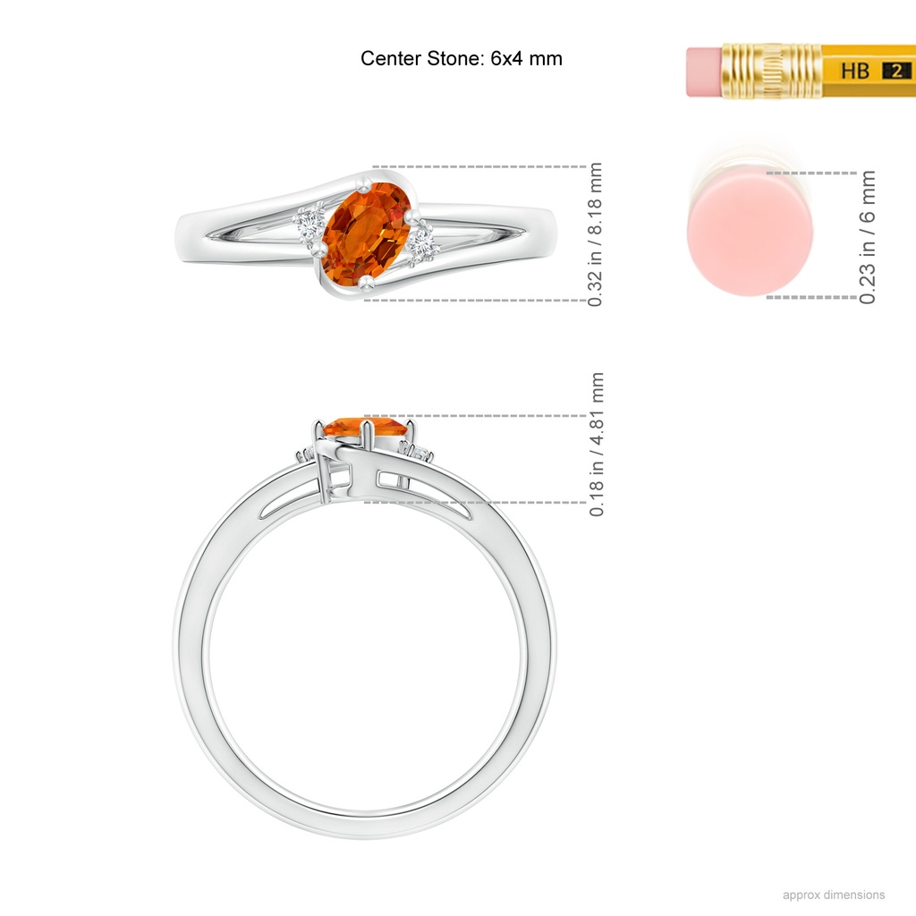 6x4mm AAAA Orange Sapphire and Diamond Split Shank Ring in White Gold Ruler