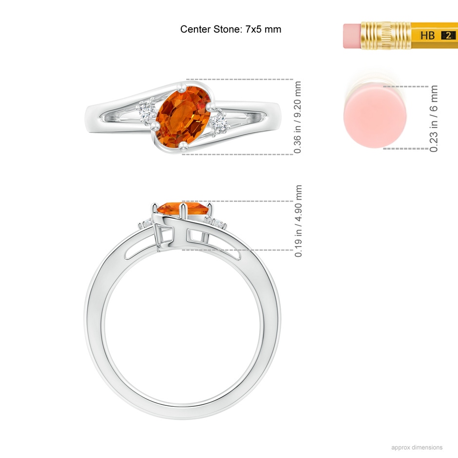 7x5mm AAAA Orange Sapphire and Diamond Split Shank Ring in White Gold ruler