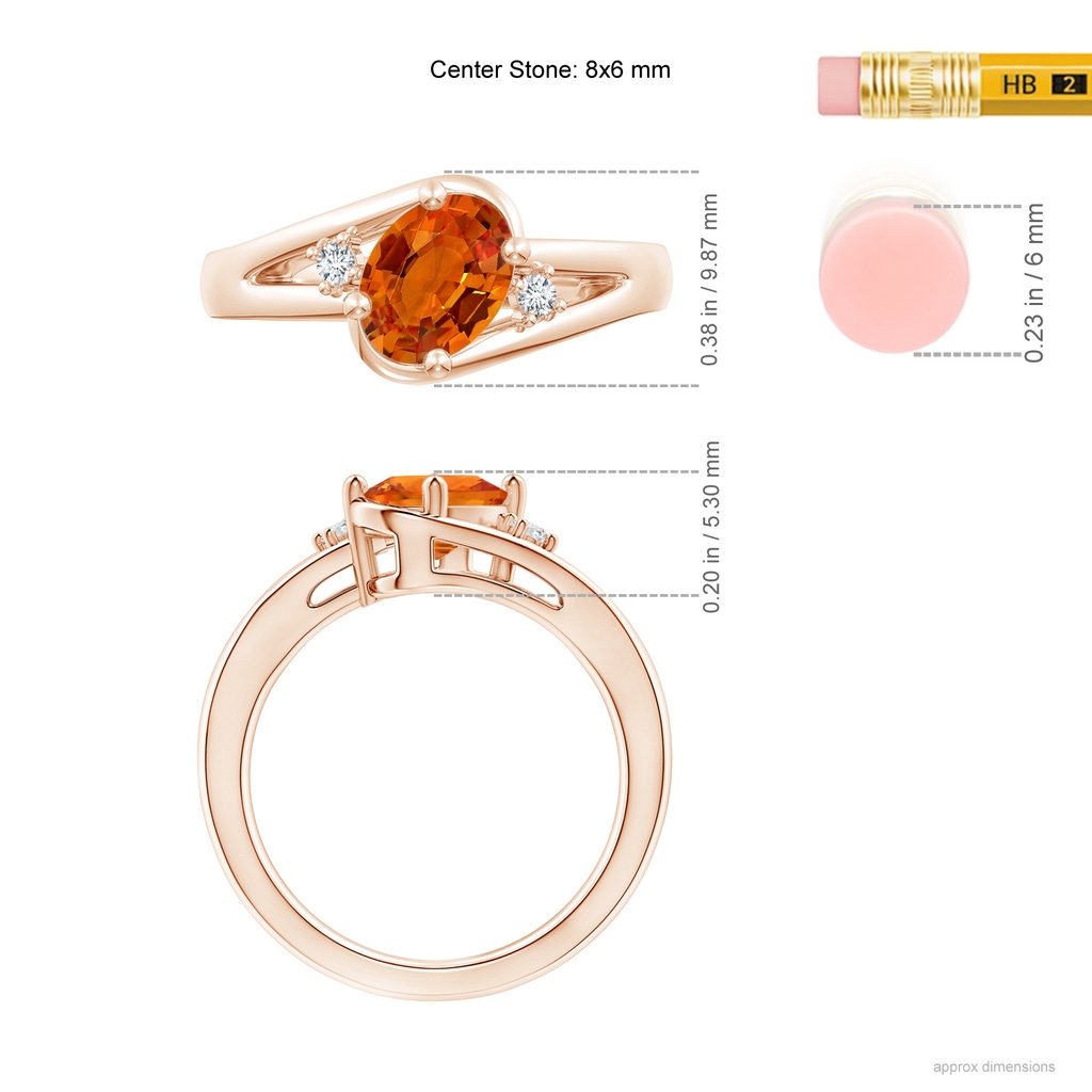 8x6mm AAAA Orange Sapphire and Diamond Split Shank Ring in Rose Gold Ruler