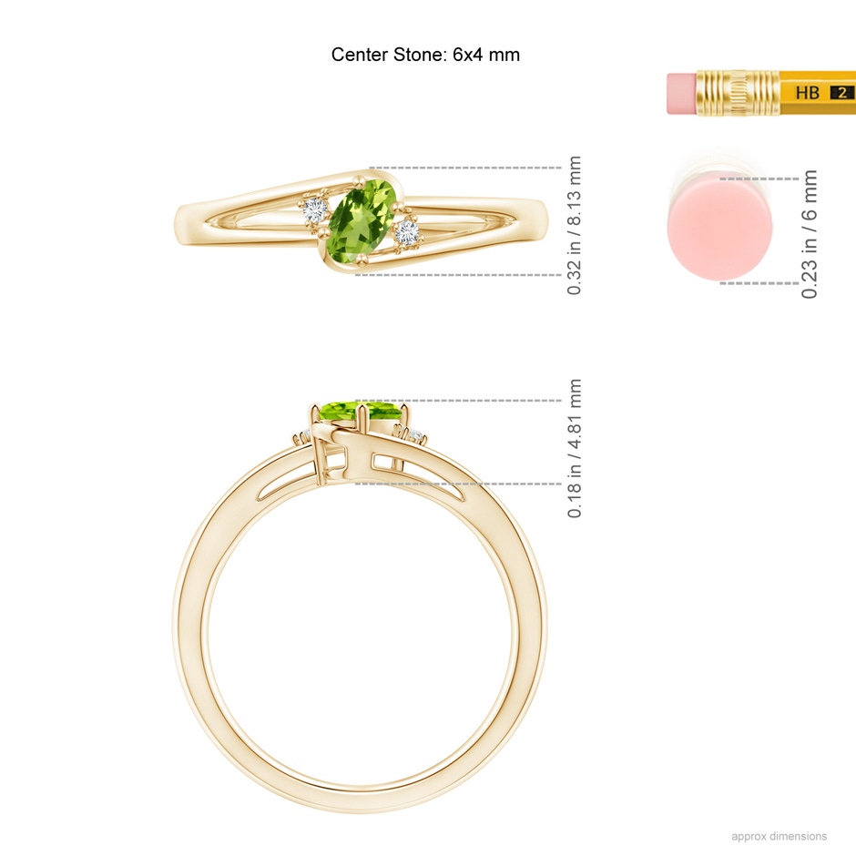 6x4mm AAA Peridot and Diamond Split Shank Ring in Yellow Gold ruler