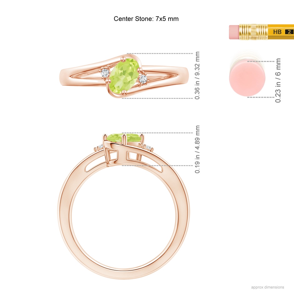 7x5mm A Peridot and Diamond Split Shank Ring in Rose Gold ruler