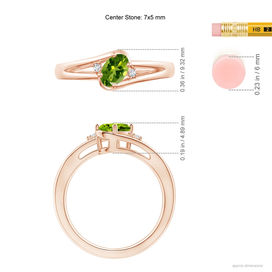 7x5mm AAAA Peridot and Diamond Split Shank Ring in Rose Gold ruler