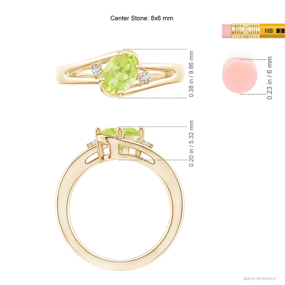 8x6mm A Peridot and Diamond Split Shank Ring in Yellow Gold ruler