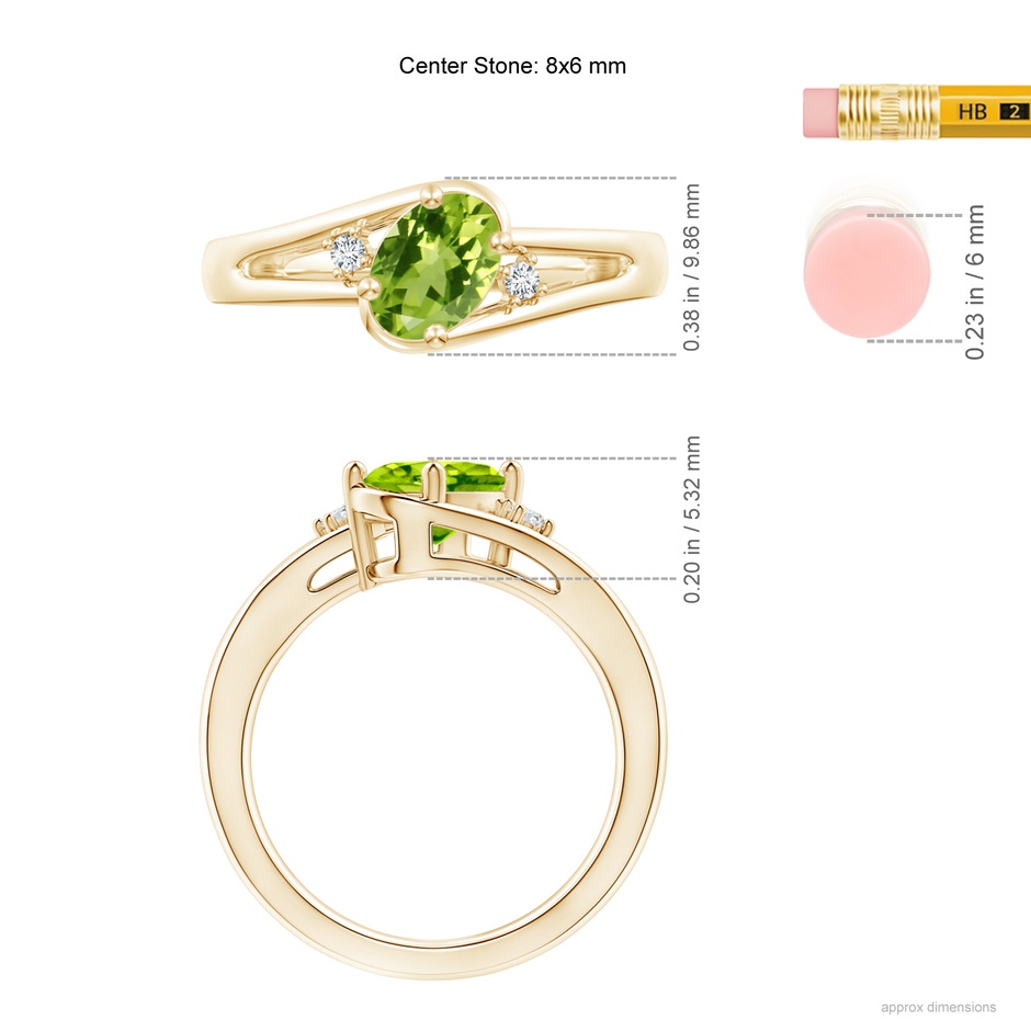 8x6mm AAA Peridot and Diamond Split Shank Ring in Yellow Gold ruler