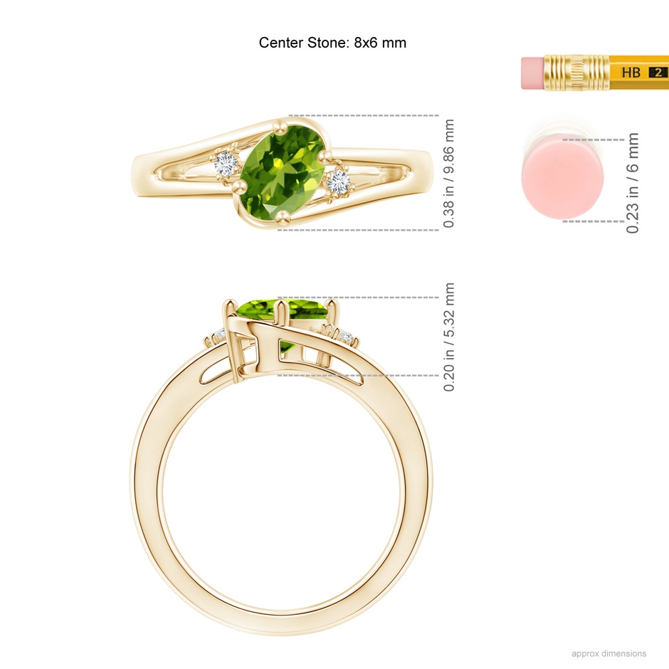 8x6mm AAAA Peridot and Diamond Split Shank Ring in Yellow Gold ruler