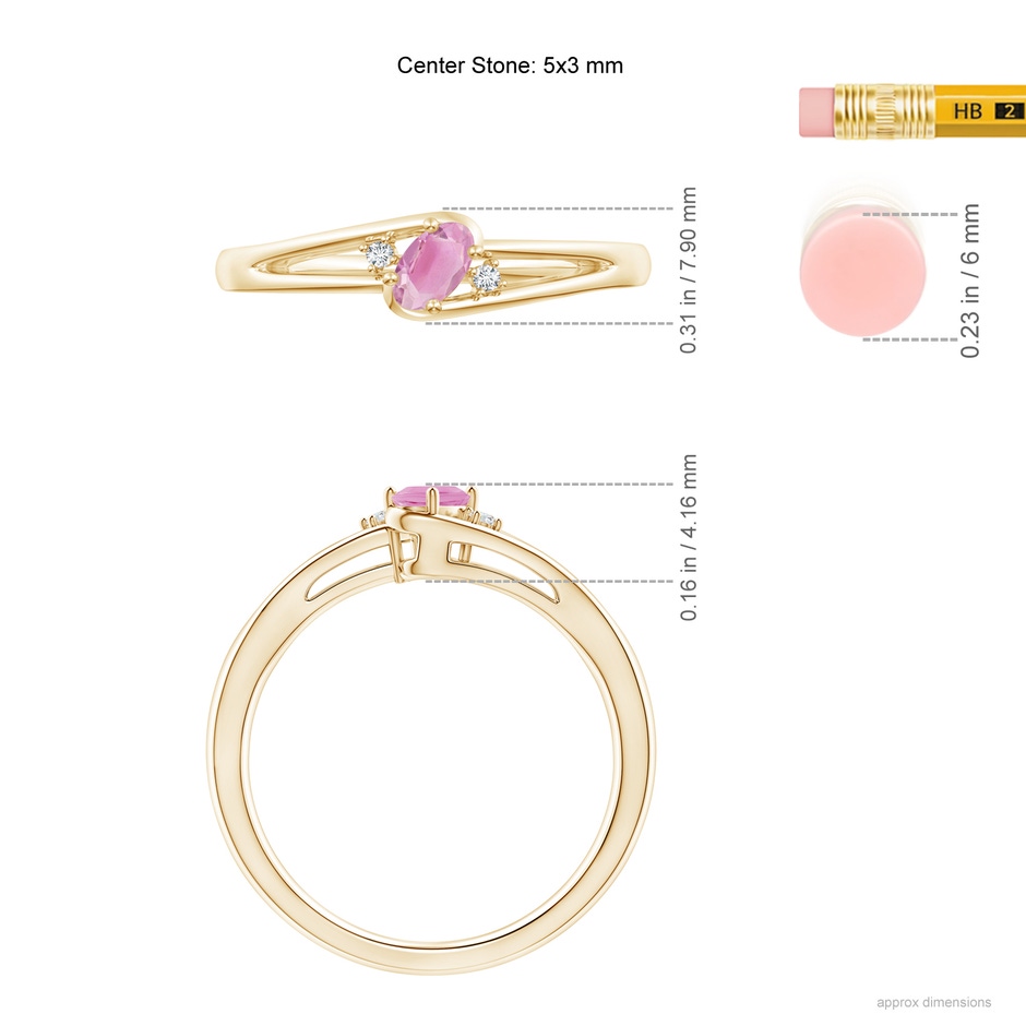5x3mm A Pink Tourmaline and Diamond Split Shank Ring in Yellow Gold ruler