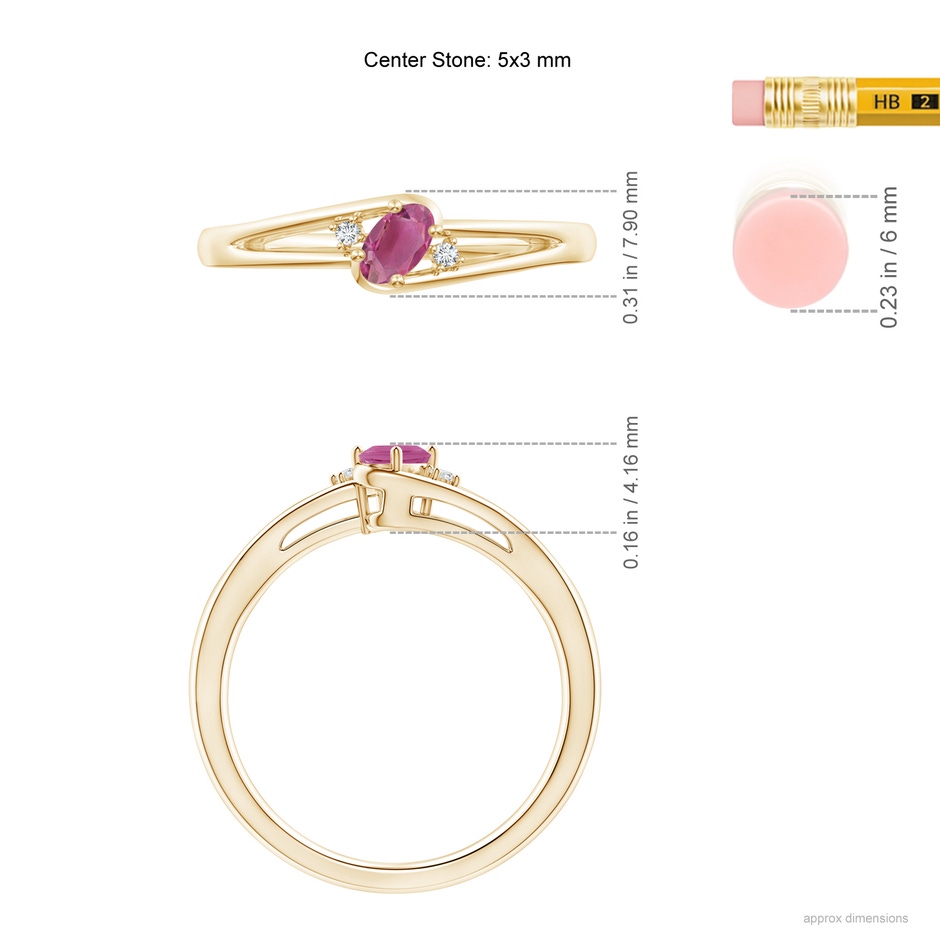 5x3mm AAA Pink Tourmaline and Diamond Split Shank Ring in Yellow Gold ruler