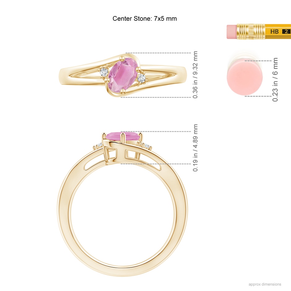 7x5mm A Pink Tourmaline and Diamond Split Shank Ring in Yellow Gold ruler