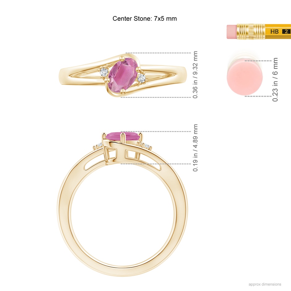 7x5mm AA Pink Tourmaline and Diamond Split Shank Ring in Yellow Gold ruler