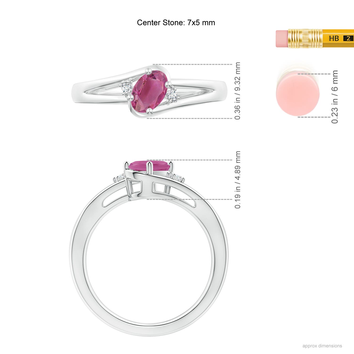 7x5mm AAA Pink Tourmaline and Diamond Split Shank Ring in White Gold - ruler