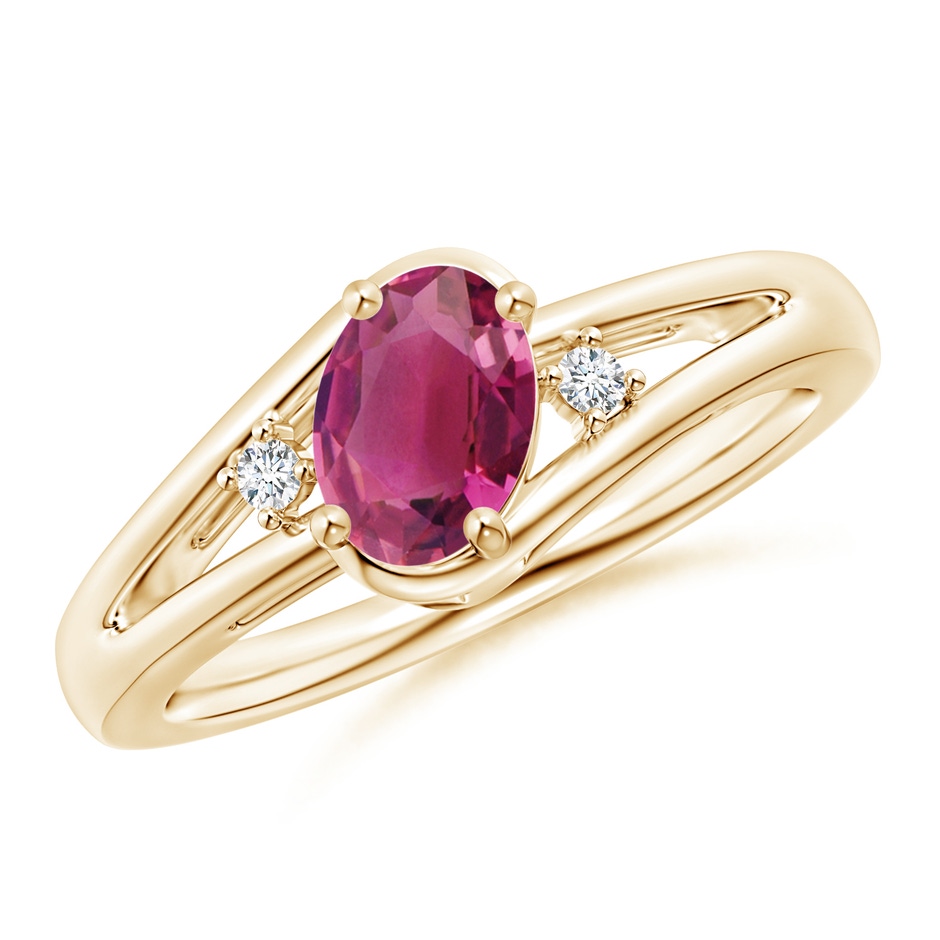 7x5mm AAAA Pink Tourmaline and Diamond Split Shank Ring in Yellow Gold 