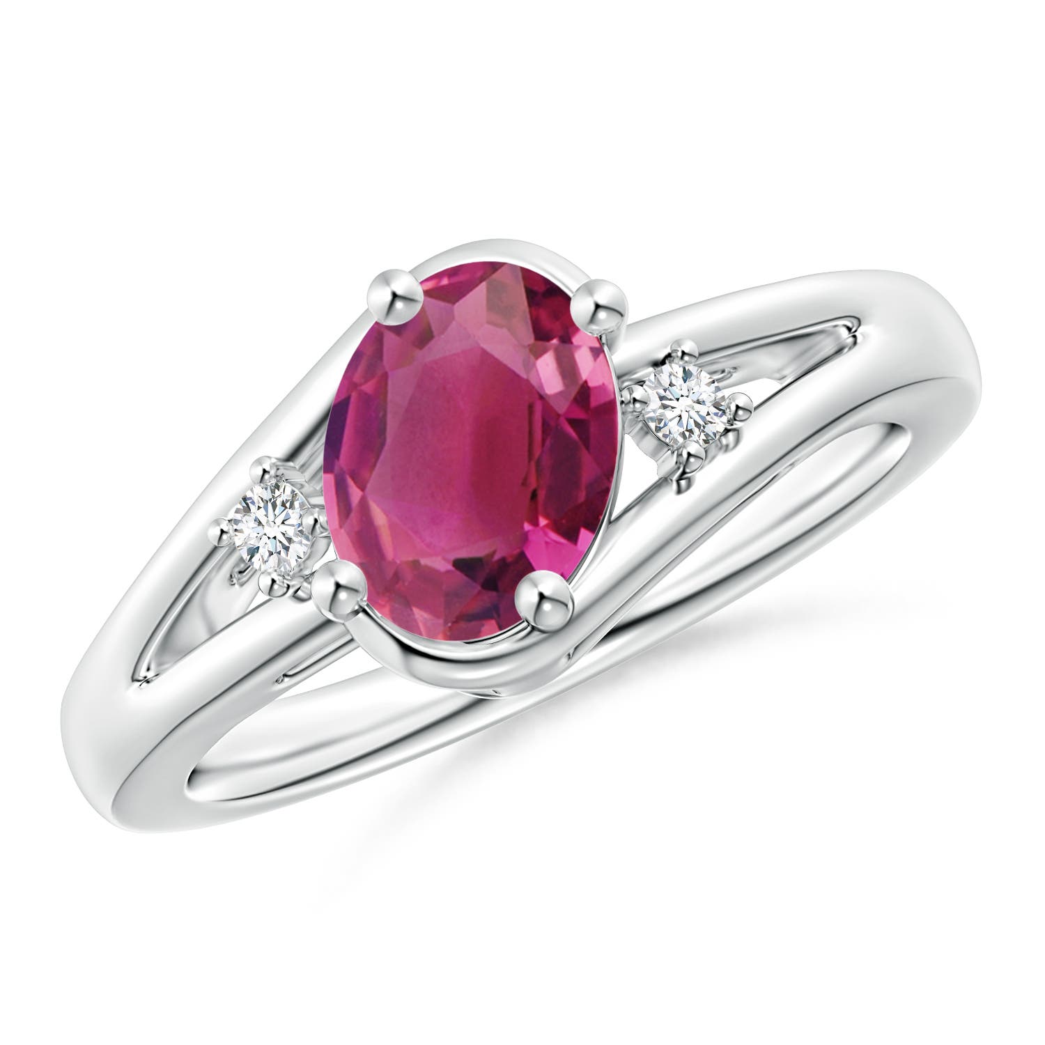 8x6mm AAAA Pink Tourmaline and Diamond Split Shank Ring in White Gold