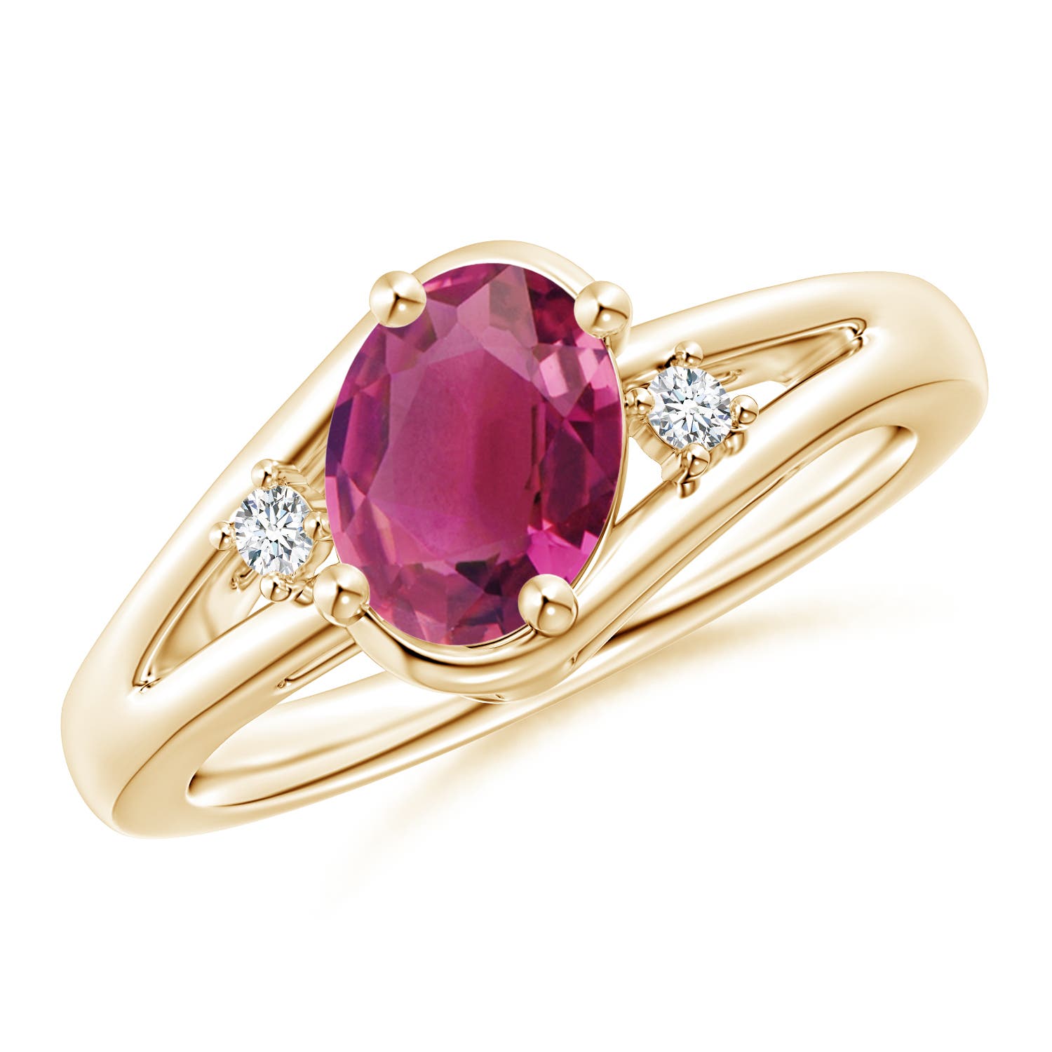 8x6mm AAAA Pink Tourmaline and Diamond Split Shank Ring in Yellow Gold