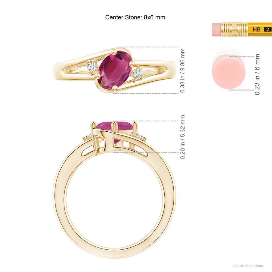 8x6mm AAAA Pink Tourmaline and Diamond Split Shank Ring in Yellow Gold ruler