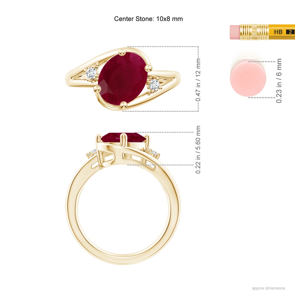 10x8mm A Ruby and Diamond Split Shank Ring in Yellow Gold ruler