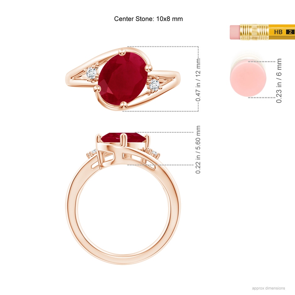 10x8mm AA Ruby and Diamond Split Shank Ring in Rose Gold ruler
