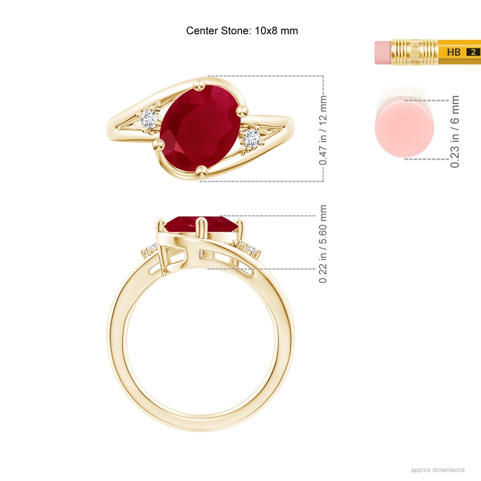 10x8mm AA Ruby and Diamond Split Shank Ring in Yellow Gold ruler