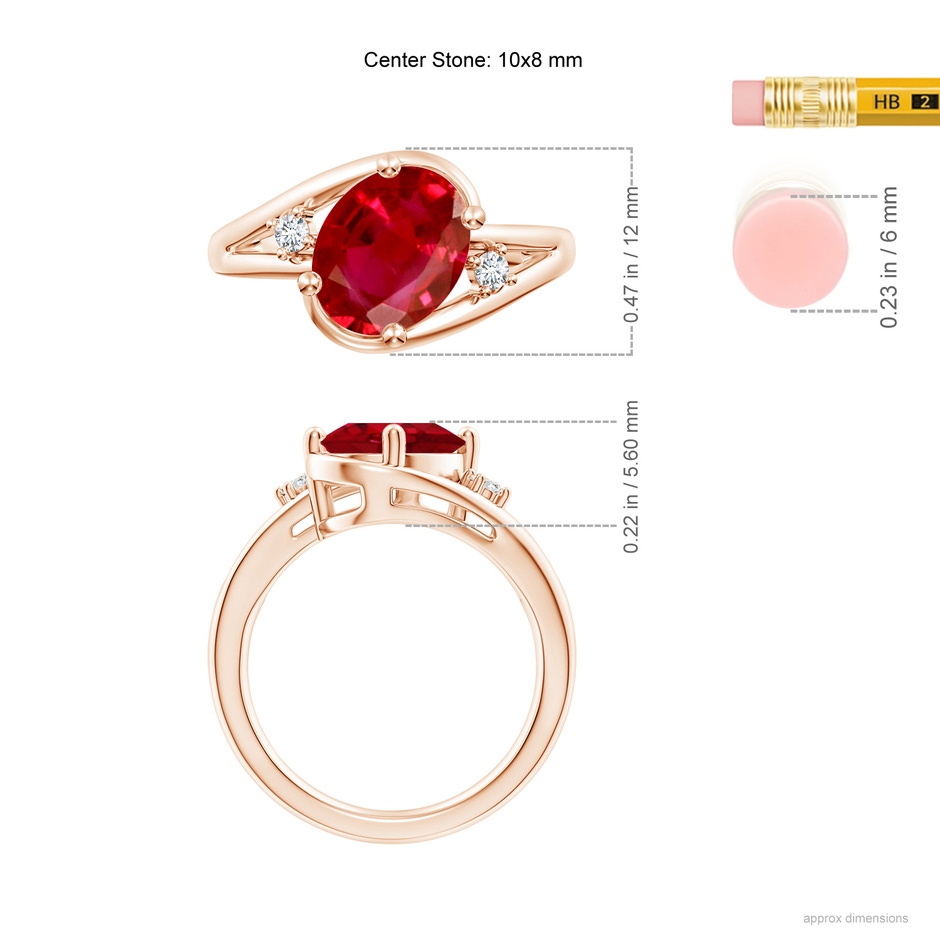 10x8mm AAA Ruby and Diamond Split Shank Ring in Rose Gold ruler