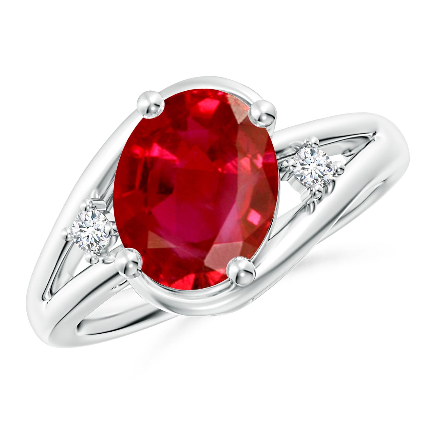 10x8mm AAA Ruby and Diamond Split Shank Ring in White Gold