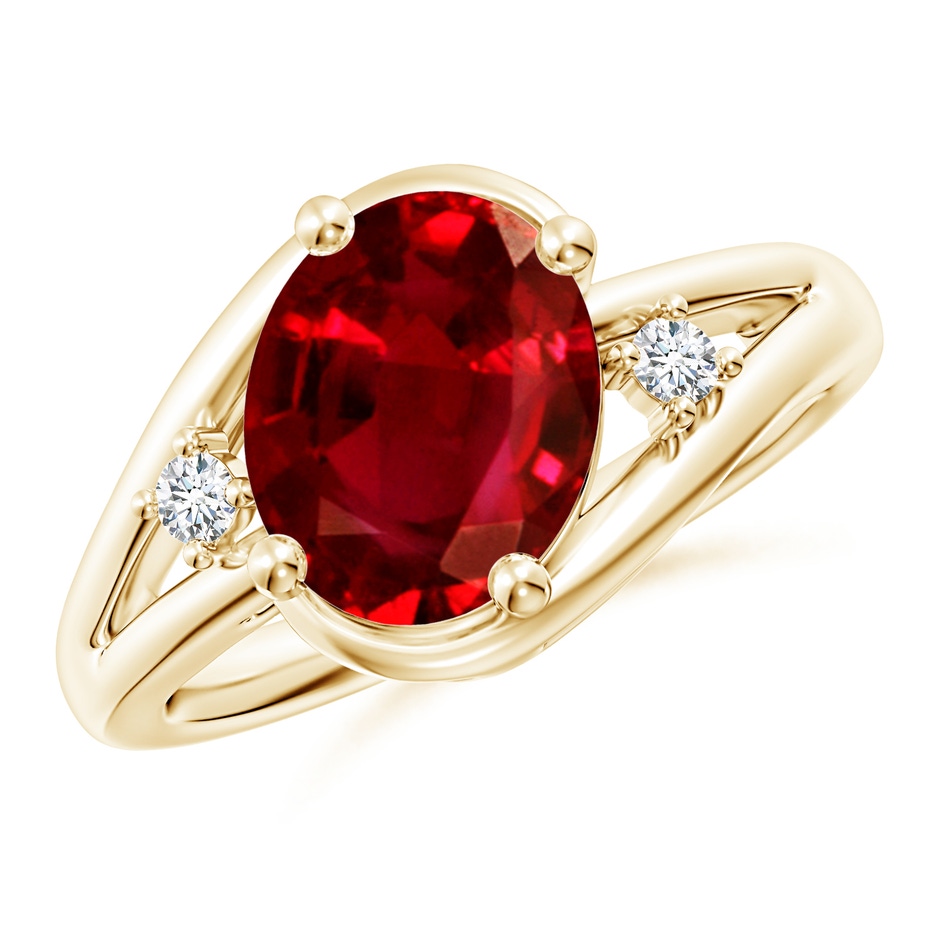 10x8mm AAAA Ruby and Diamond Split Shank Ring in Yellow Gold 