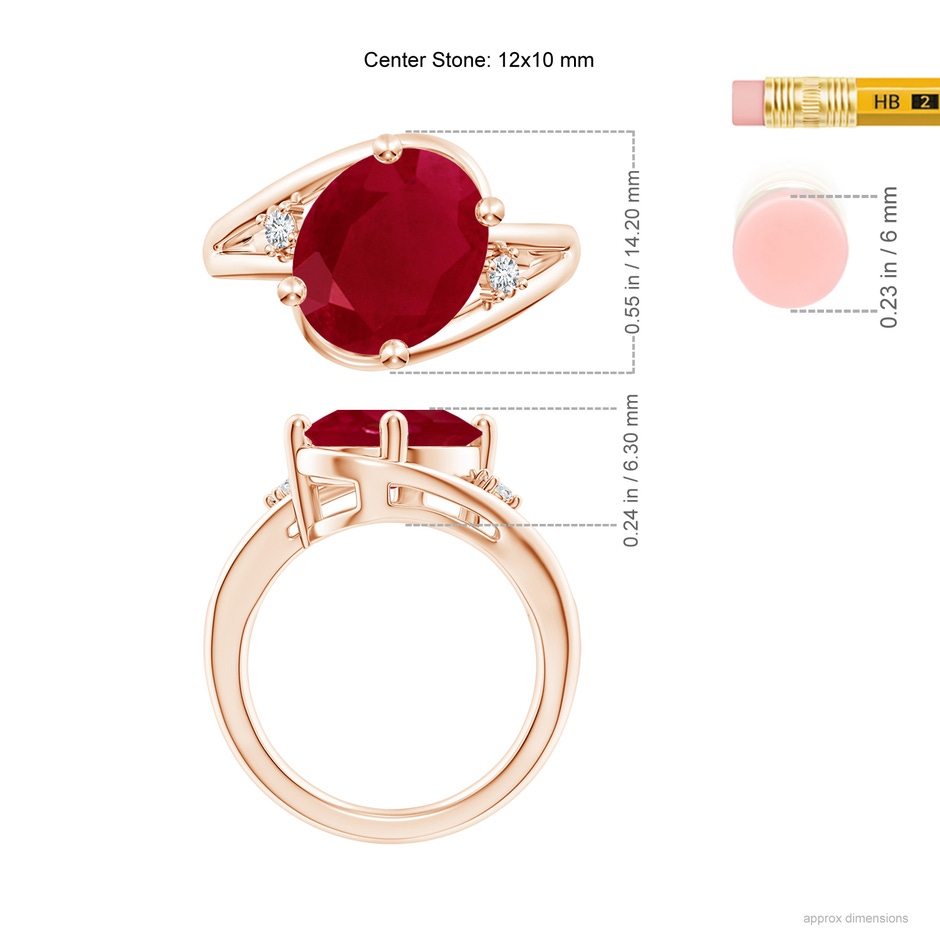 12x10mm AA Ruby and Diamond Split Shank Ring in Rose Gold ruler