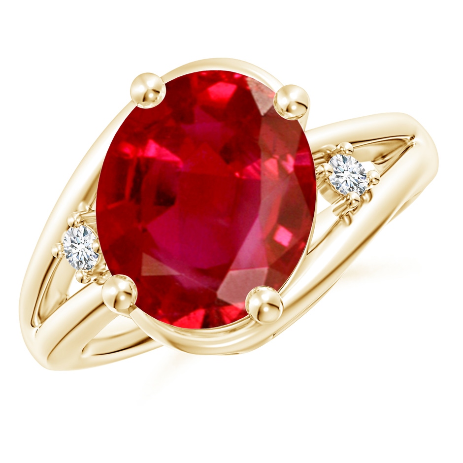 12x10mm AAA Ruby and Diamond Split Shank Ring in Yellow Gold 