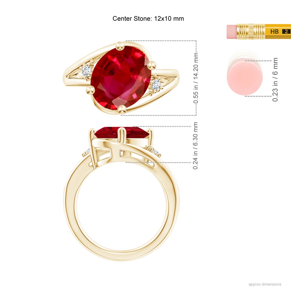 12x10mm AAA Ruby and Diamond Split Shank Ring in Yellow Gold ruler