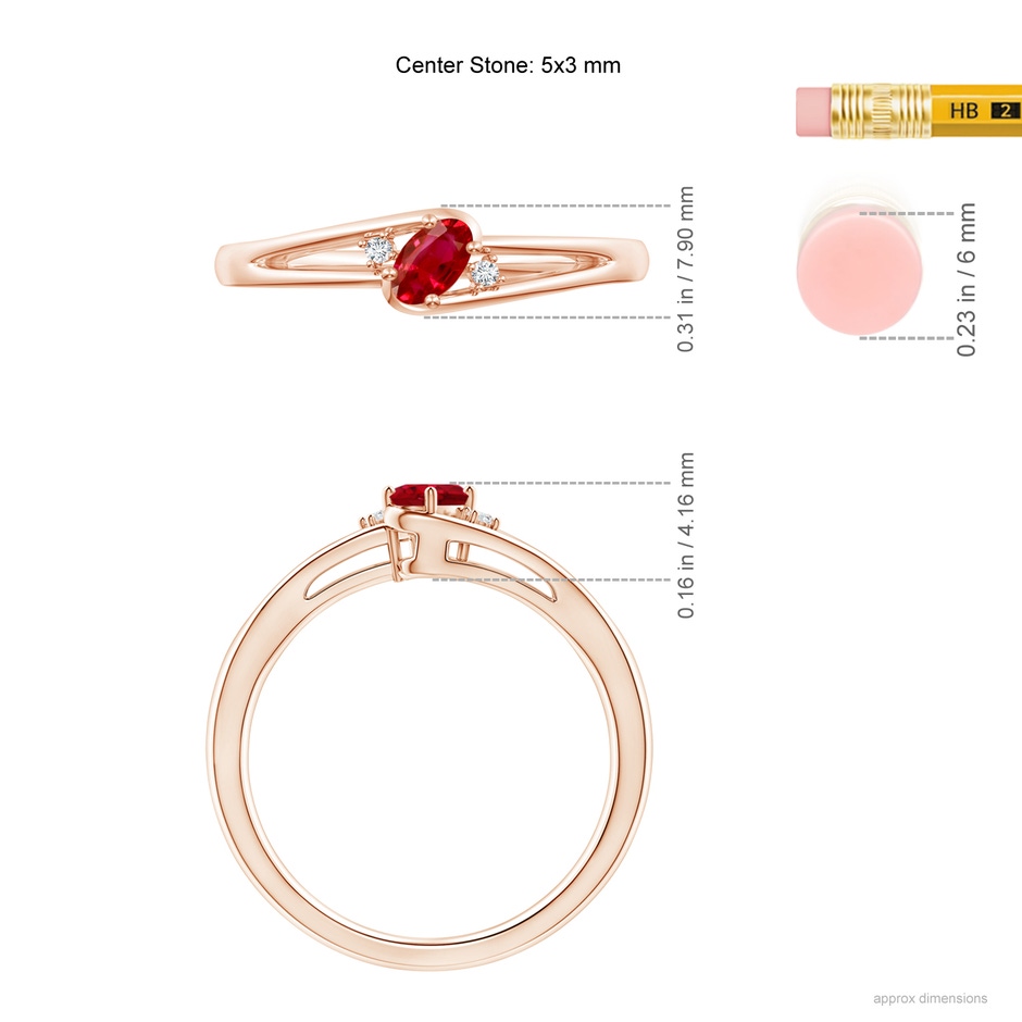 5x3mm AAA Ruby and Diamond Split Shank Ring in Rose Gold ruler