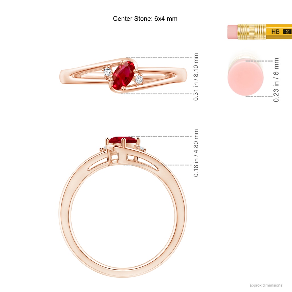 6x4mm AAA Ruby and Diamond Split Shank Ring in Rose Gold ruler