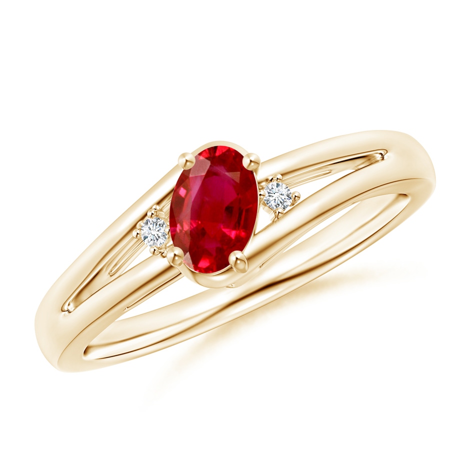 6x4mm AAA Ruby and Diamond Split Shank Ring in Yellow Gold 