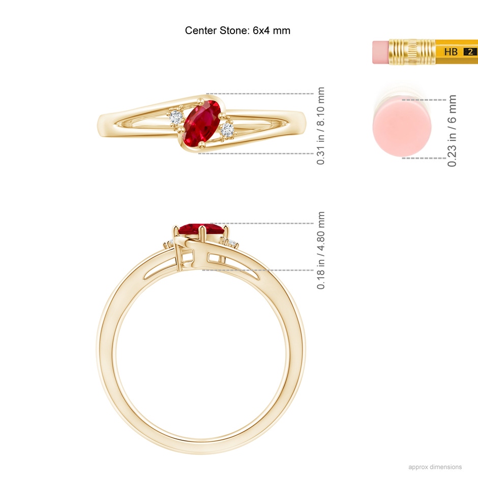 6x4mm AAA Ruby and Diamond Split Shank Ring in Yellow Gold ruler