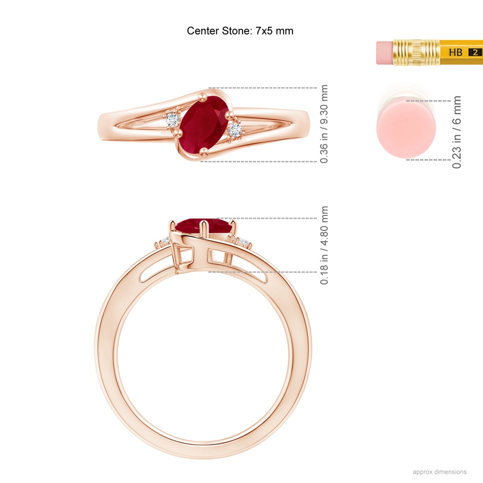 7x5mm AA Ruby and Diamond Split Shank Ring in Rose Gold ruler