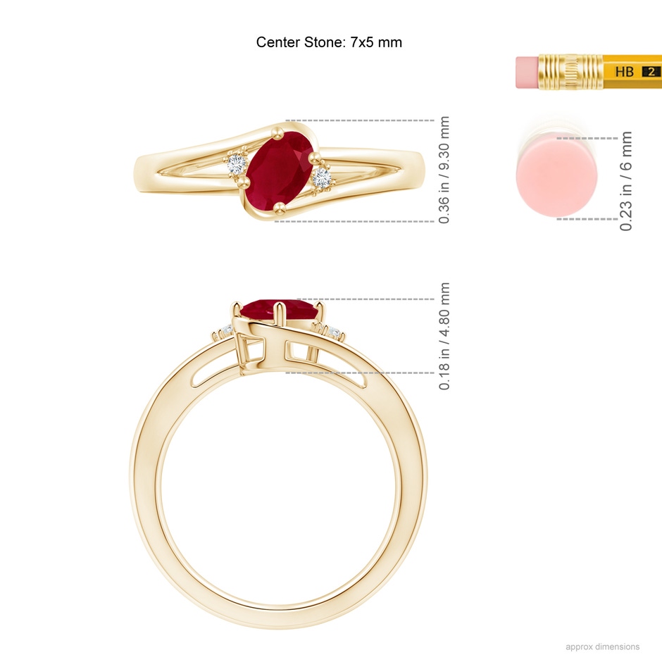 7x5mm AA Ruby and Diamond Split Shank Ring in Yellow Gold ruler