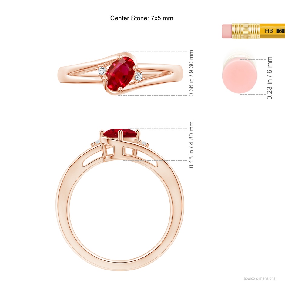7x5mm AAA Ruby and Diamond Split Shank Ring in Rose Gold ruler