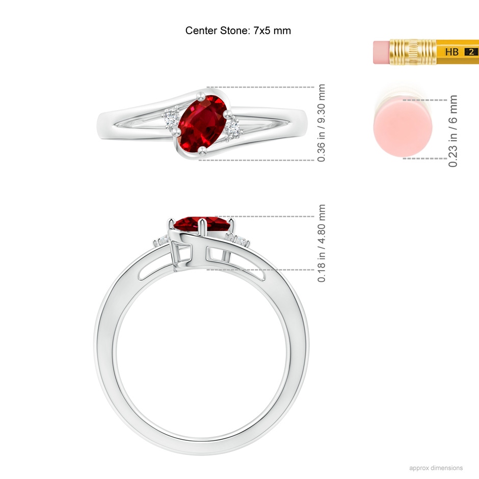 7x5mm AAAA Ruby and Diamond Split Shank Ring in White Gold ruler