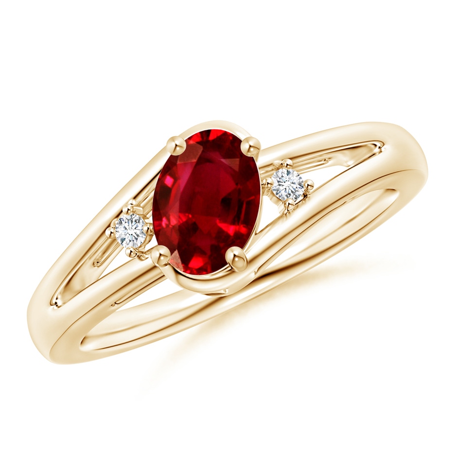 7x5mm AAAA Ruby and Diamond Split Shank Ring in Yellow Gold 