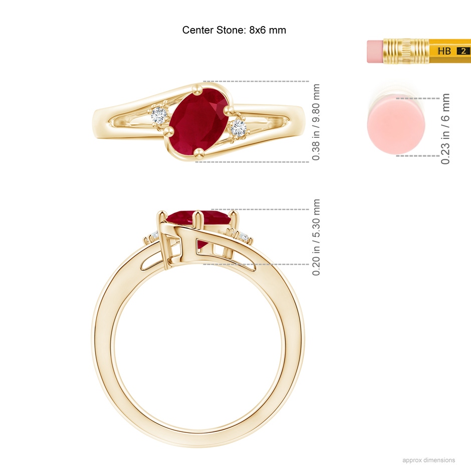 8x6mm AA Ruby and Diamond Split Shank Ring in Yellow Gold ruler