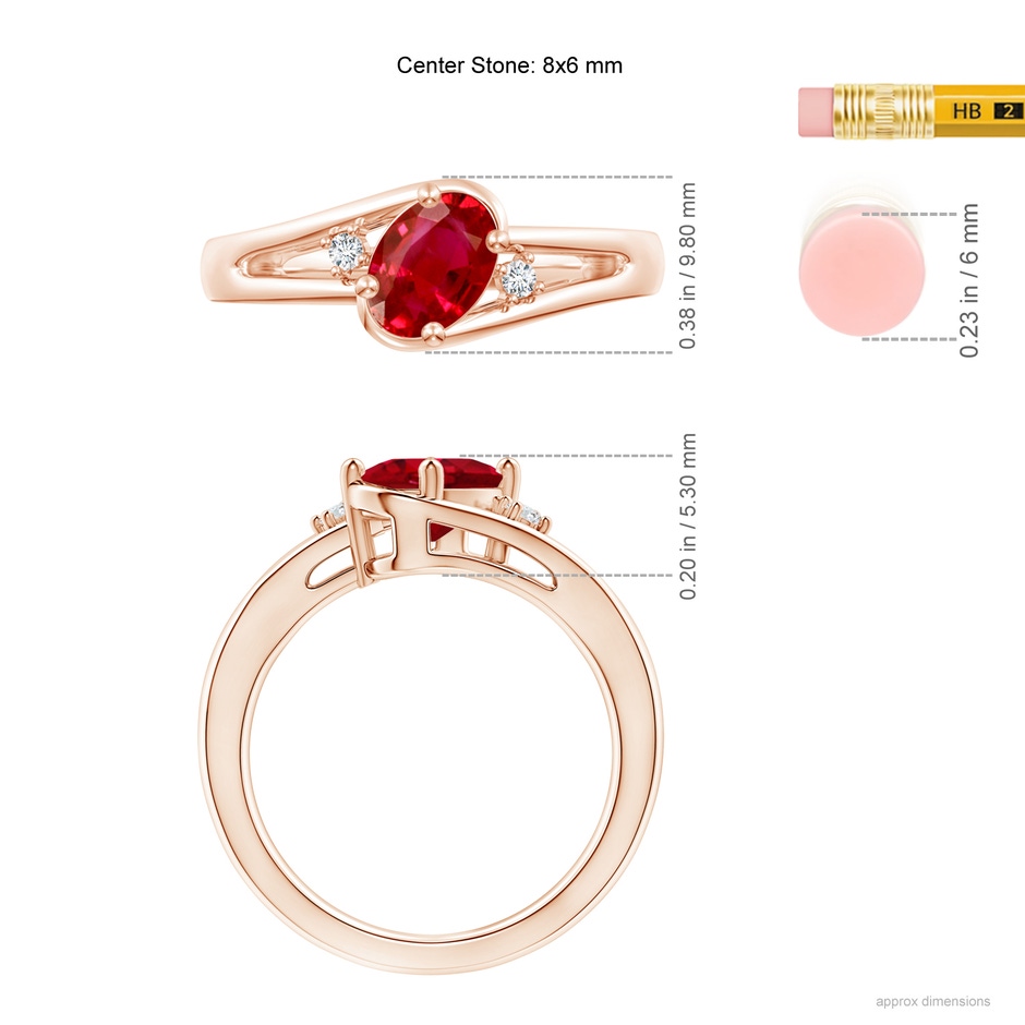 8x6mm AAA Ruby and Diamond Split Shank Ring in Rose Gold ruler
