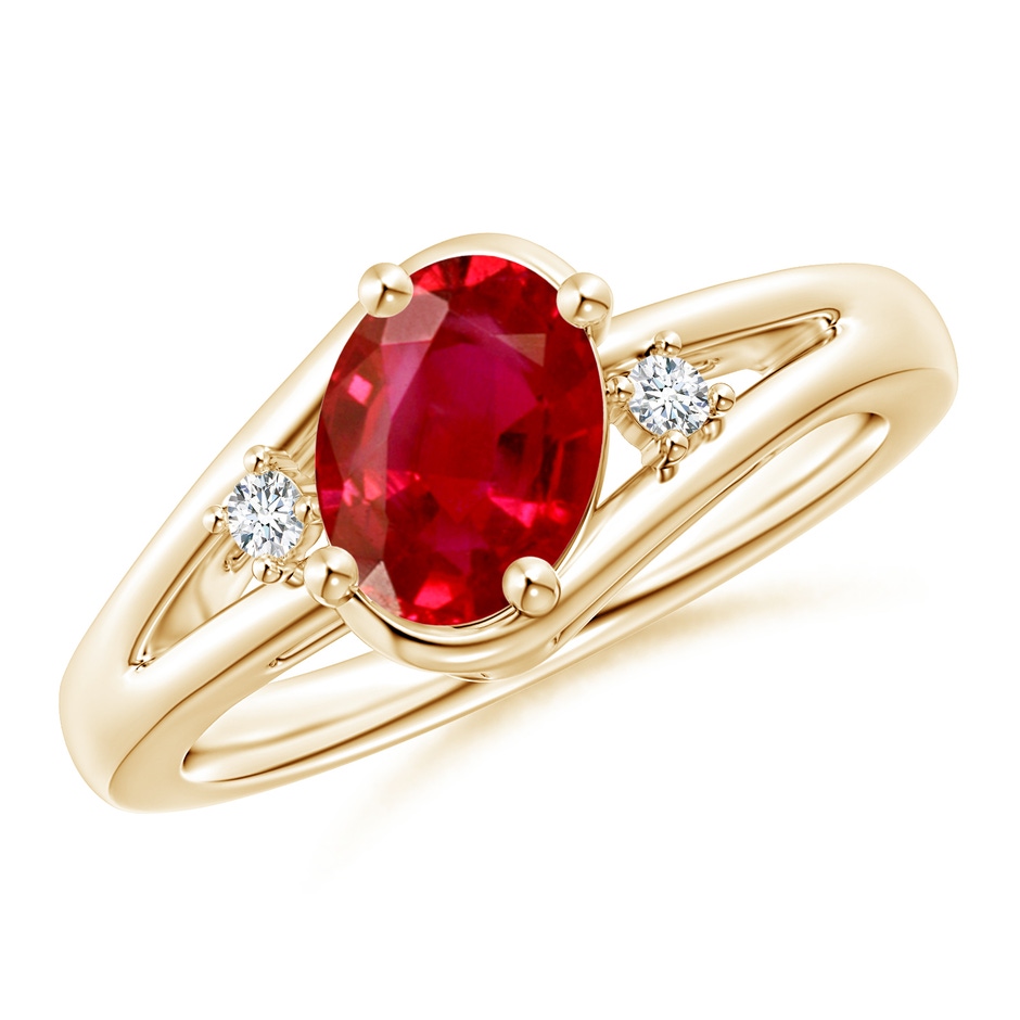 8x6mm AAA Ruby and Diamond Split Shank Ring in Yellow Gold 