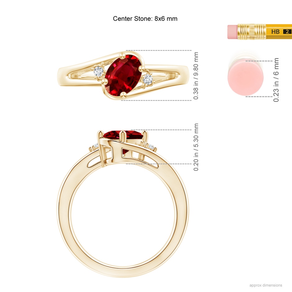8x6mm AAAA Ruby and Diamond Split Shank Ring in Yellow Gold ruler