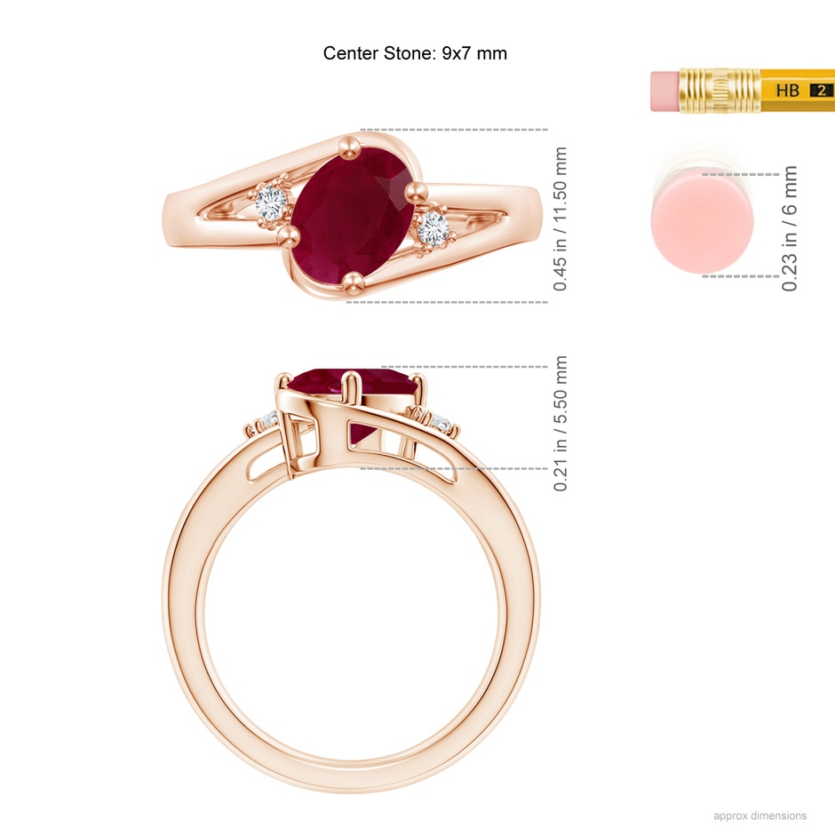 9x7mm A Ruby and Diamond Split Shank Ring in Rose Gold ruler