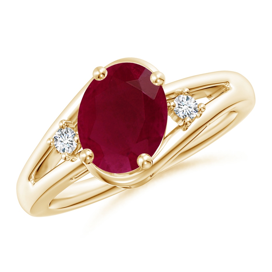 9x7mm A Ruby and Diamond Split Shank Ring in Yellow Gold 