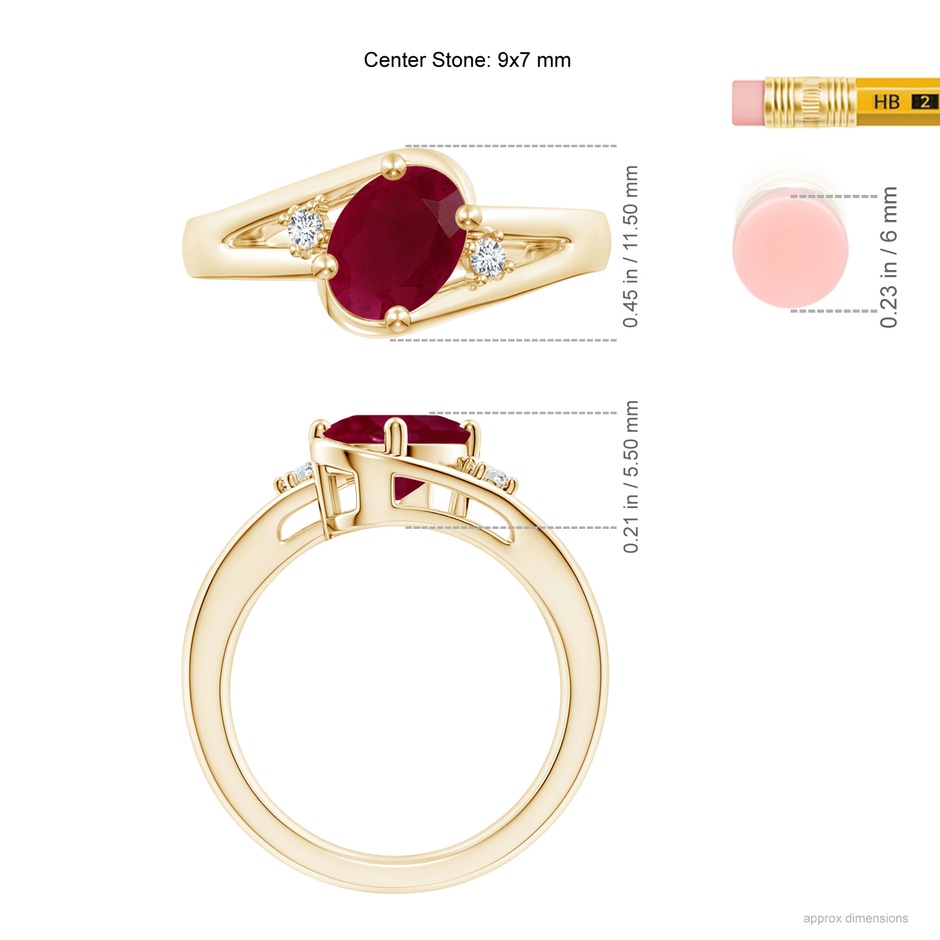 9x7mm A Ruby and Diamond Split Shank Ring in Yellow Gold ruler