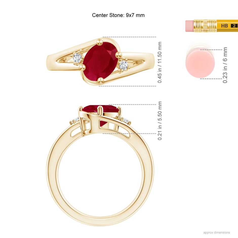 9x7mm AA Ruby and Diamond Split Shank Ring in Yellow Gold ruler